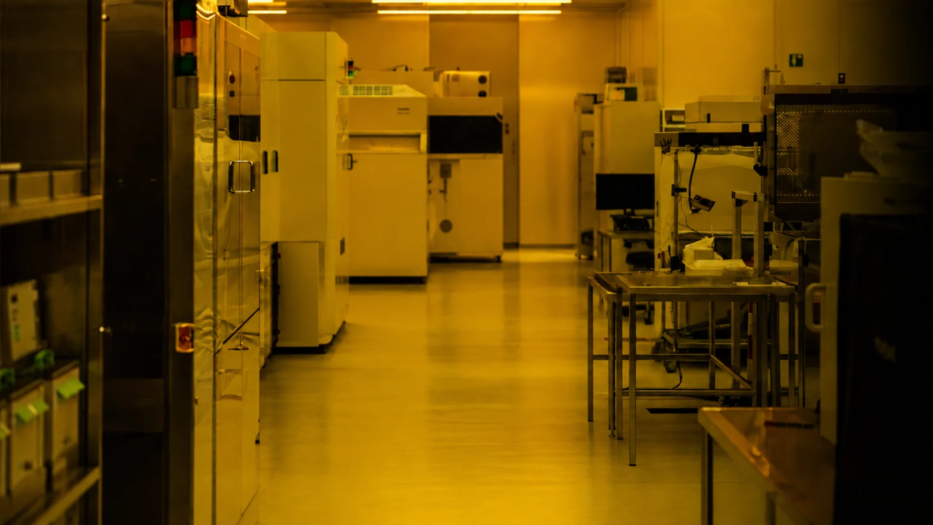 Production equipment on the TL OPTIK manufacturing floor under yellow lighting