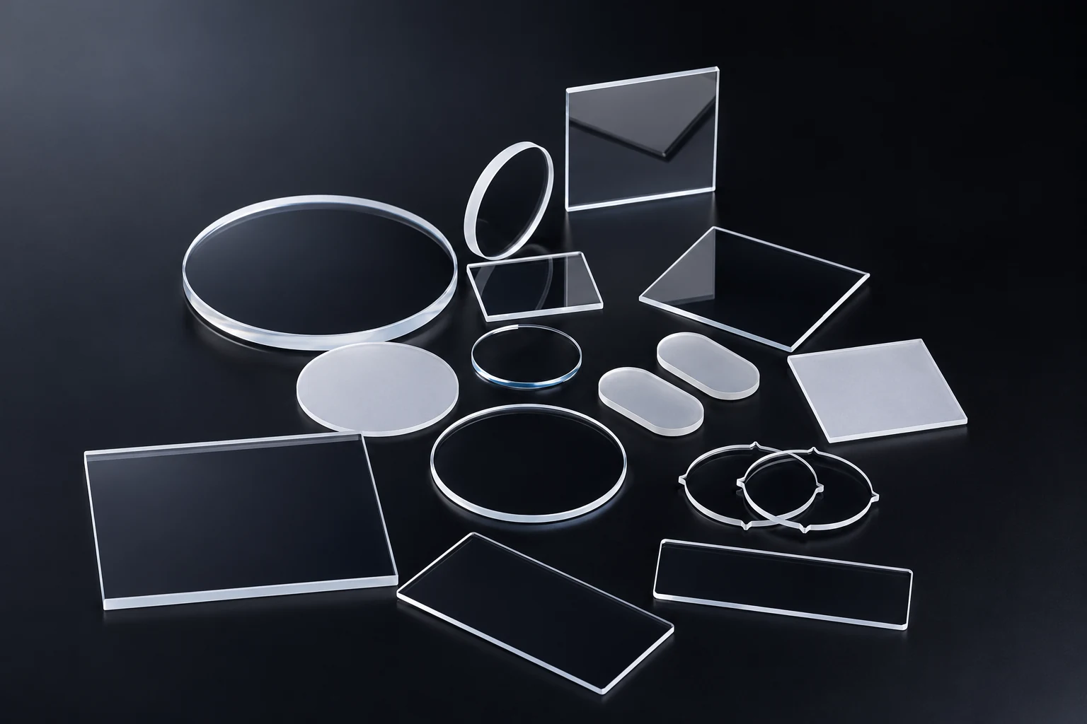 Transparent fused silica components in round, square, rectangular and custom formats