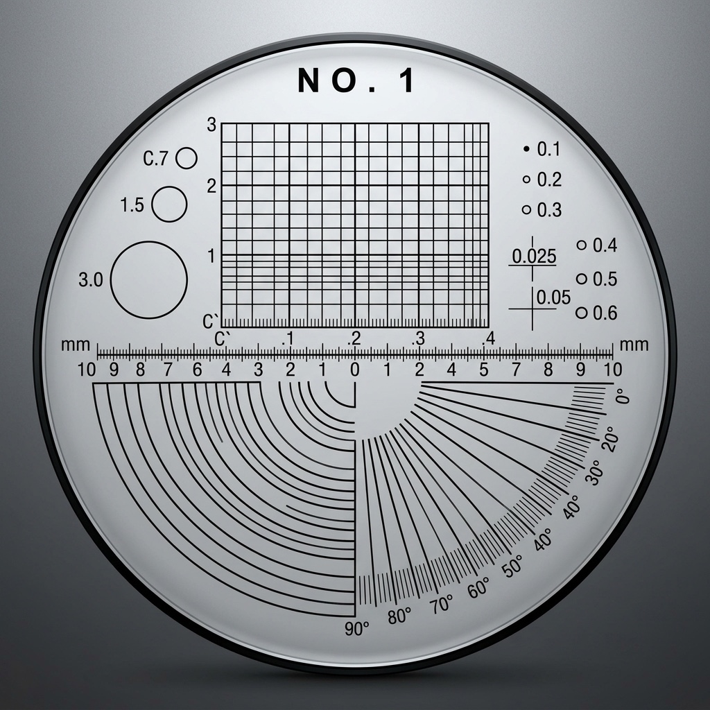 Combined optical reticle patterns with angular graduations, linear scales, circles and crosshair references