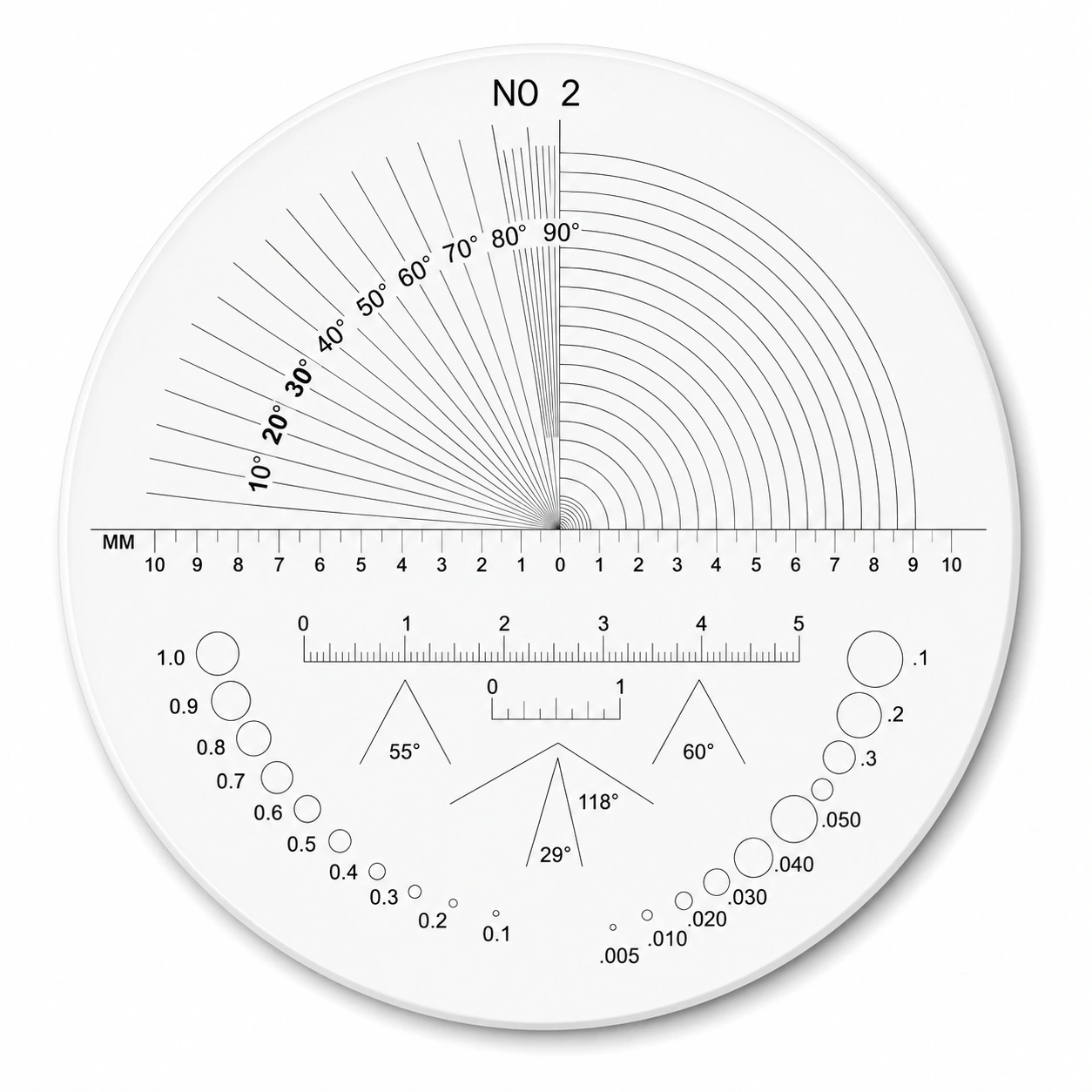 Multi-Scale Inspection Reticles — Angle, radius and linear scales