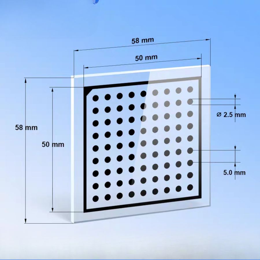 58 mm square glass circle-grid plate with dot diameter and pitch callouts