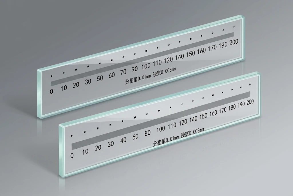 Two glass linear scales with graduations, reference marks and dimension labels